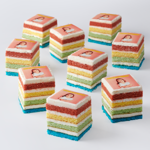 Rainbow petit fours with logo